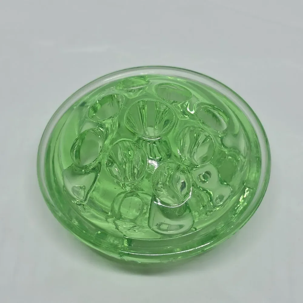 Vaseline Uranium Glass Flower Frog 9 Holes Glows UV Green Vintage 3" Diameter - Picture 3 of 10
